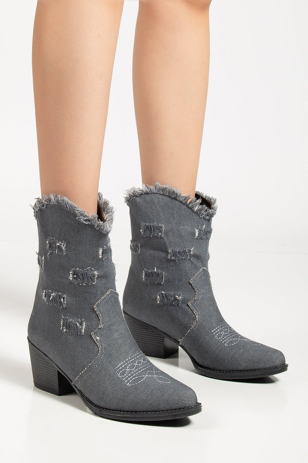 Women's western ankle boots · Embroidered, Denim texture, Distressed effect — ES-911778