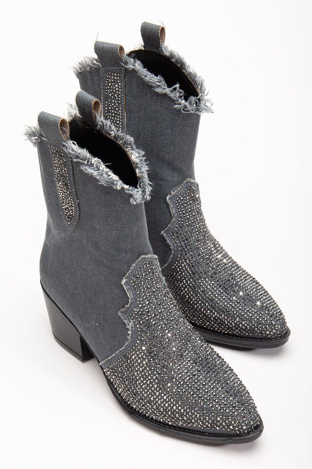 Women's western ankle boots · Denim texture, Distressed effect, Decorative stones — ES-979618