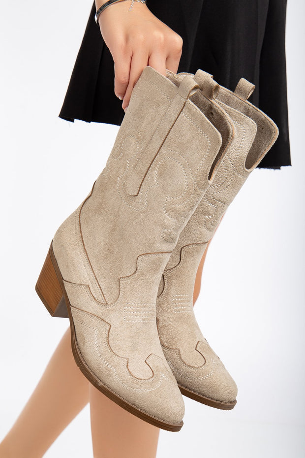Women's mid-height western boots · Embroidered, Suede-look, Mid-height shaft — ES-767202