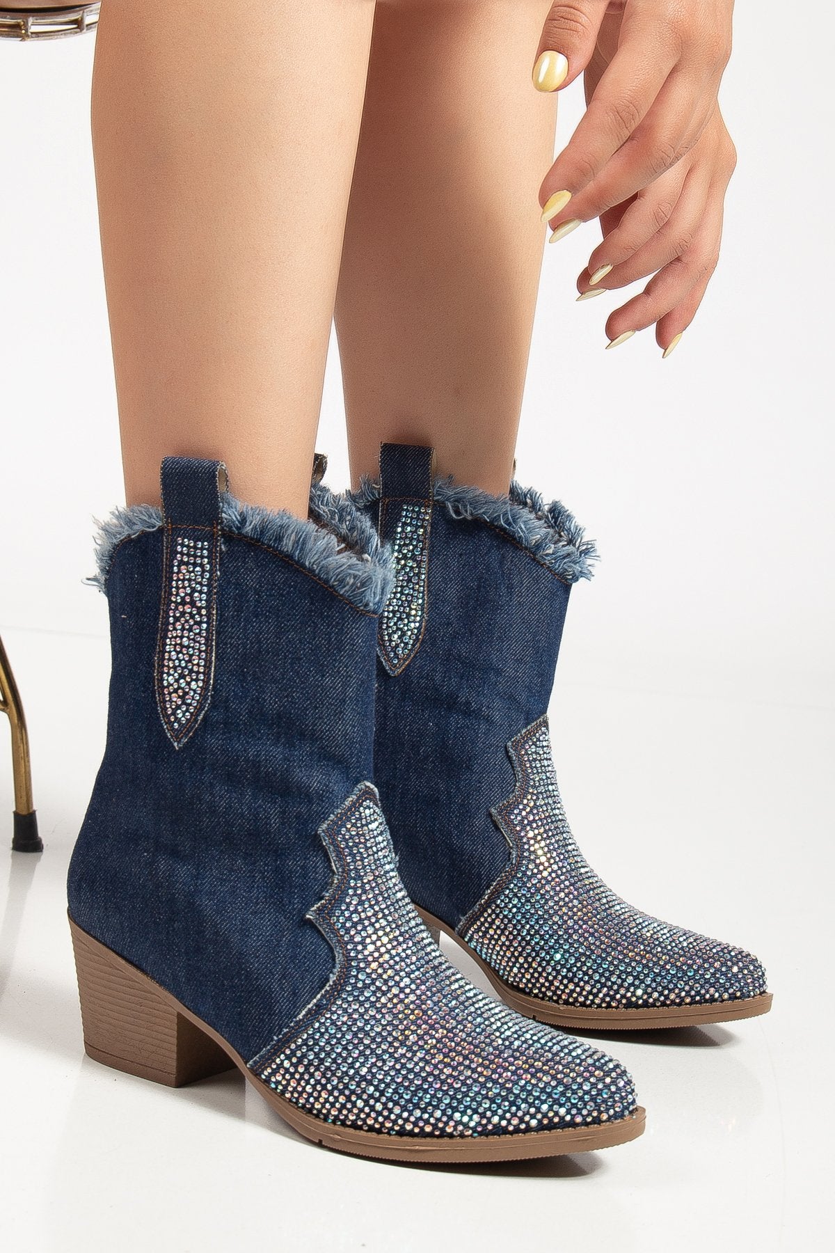 Kadın Yırtık Detaylı Kot Bot Taşlı Kovboy Tarzı Cowgirl Bot - Image 12